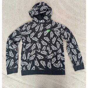 Nike Sweatshirt All Over Swoosh Print Hoodie with Lime Green Logo Boy Kids Sz L
